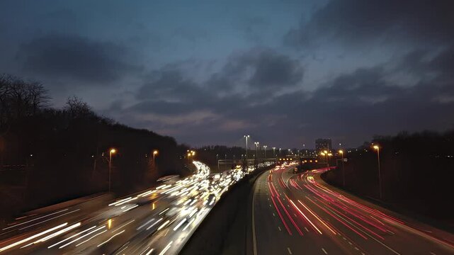 Motionlapse capturing the heavy traffic of Antwerp&rsquo;s Ring Road at night in Belgium, with dynamic light trails from vehicles and moving clouds clearing up in the sky