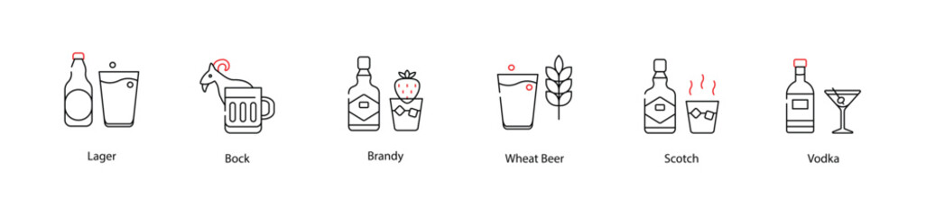 Vector Icons Set - Lager, Bock, Brandy, Wheat Beer, Scotch, Vodka