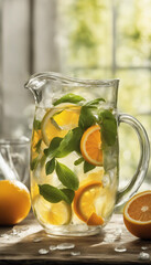 Fototapeta premium A vibrant display of citrus lemonade served with fresh mint leaves, ice, and orange slices, capturing the essence of summer refreshment and relaxation.