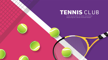Tennis symbol Pink-purple tone with tennis racket and tennis ball on tennis court background, Illustrations for use in online sporting events , Illustration Vector EPS 10