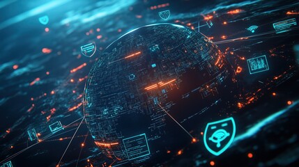Digital globe with technological icons and data points illuminated by lights