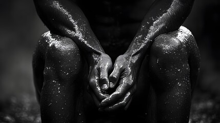 Embracing the Grit: A raw and evocative monochrome capture of a person's body covered in sweat or water, capturing the essence of struggle, resilience, and human form.