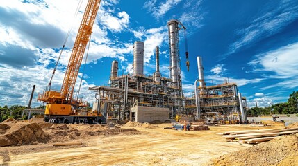 Construction Site of Industrial Complex with Crane and Machinery Under Blue Sky