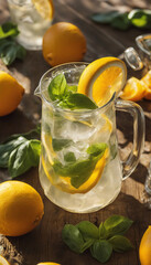 A vibrant display of citrus lemonade served with fresh mint leaves, ice, and orange slices, capturing the essence of summer refreshment and relaxation.

