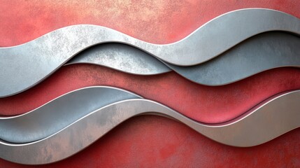 Wavy Metallic Shapes Overlap on Red and Orange Background