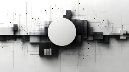 Abstract Technological Interface: A sophisticated and minimalist graphic showcases a central sphere amidst a network of interconnected squares and lines.
