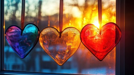 Colorful Glass Hearts Hanging from Window with Sunset Background