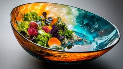 Vibrant fresh salad in artistic glass bowl with colorful vegetables and greens