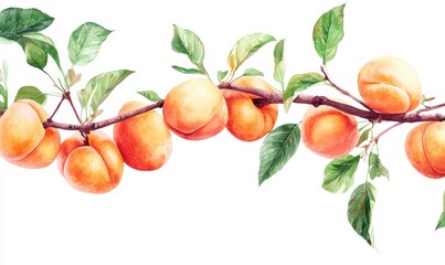 Vibrant watercolor illustration of a peach branch with ripe fruits and green leaves