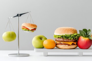 Balanced diet concept: comparing burgers and fruits on scale with apples and orange
