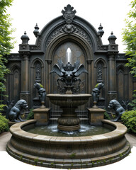 Obraz premium Ornate Gothic Stone Fountain with Gargoyle Statues and Water Feature in Garden Setting
