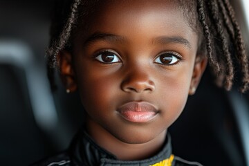 Young child with braided hair in racing suit, expressing determination in a competition setting