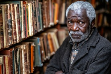 Naklejka premium Elderly man stands thoughtfully beside a shelf filled with old books in a cozy library setting