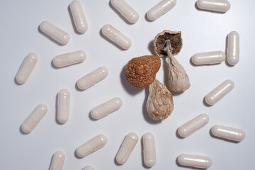 Alternative medicine supplements and dietary drugs for microdosing. Psilocybe Cubensis mushrooms on white studio background, close up. Psilocybin shrooms Golden Teacher with pills, medical capsules