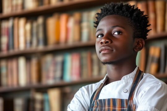 Young chef wearing an apron poses confidently in front of a rustic library backdrop filled with books