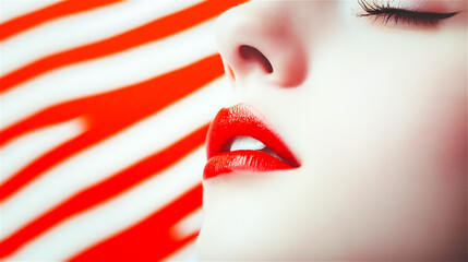 The woman with red lips on a white and red background. Generative AI.