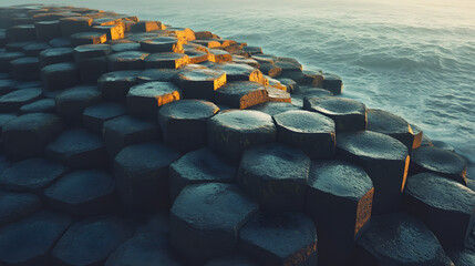 Fototapeta premium Cozy seaside village at sunrise, charming houses perched on rocky coastline, tranquil waves lapping against shore.