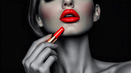The woman applied red lip balm on her mouth on a black background. Generative AI.