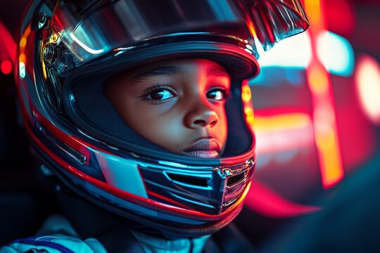 Young driver focused on racing strategy in vibrant motorsport environment with helmet on