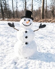 Obraz premium Cheerful Snowman with Top Hat in Winter Wonderland Scene