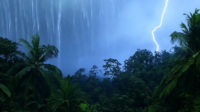 Intense rainstorm with lightning strikes illuminating a dense tropical forest at dusk