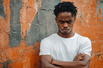 Fototapeta premium Young man with serious expression poses confidently against a textured orange and gray wall in an urban setting