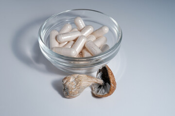 Micro dosing concept. Dry psilocybin mushrooms and natural herbal pills on white background. Psychedelic shrooms as medical supplement. Alternative therapy for mental health