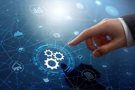 Technological Advancement: Hand Pointing at Digital Interface with Network Nodes, Icons, and Interlocking Gears Symbolizing Automation and Connectivity