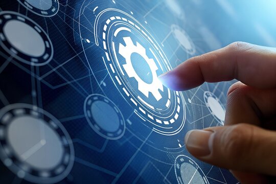 Technological Advancement: Hand Pointing at Digital Interface with Network Nodes, Icons, and Interlocking Gears Symbolizing Automation and Connectivity - Powered by Adobe