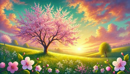 Tranquil Blossoming Tree in Meadow