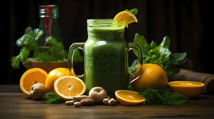 Fototapeta premium Freshly blended green smoothie in a glass jar surrounded by natural ingredients like fruits vegetables and superfoods This nutritious drink is part of a healthy lifestyle and wellness routine