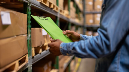 Warehouse worker inspecting inventory with a clipboard in an organized storage facility
