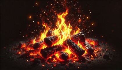 Glowing Wood Fire Embers and Flames
