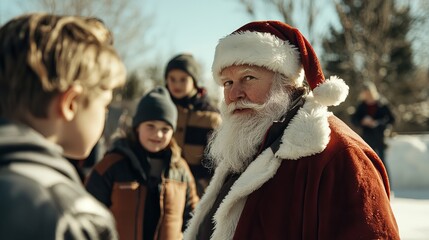 Fototapeta premium Santa Claus interacting with children outdoors during winter