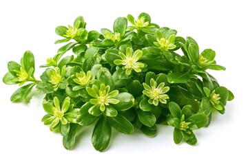 Obraz premium Lush Green Sandarac Plant with Delicate White Blossoms Isolated on Pure White Background, Perfect for Botanical Illustrations, Natural Product Packaging, Floral Designs, Websites, and Health & 