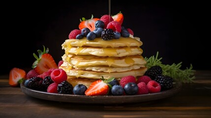 Delightful stack of fluffy plant based pancakes drizzled with sweet maple syrup and topped with a colorful array of fresh juicy berries