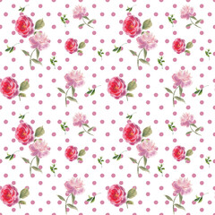 Seamless pattern with pink flowers and polka dots on a white background