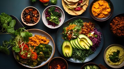 Overhead View of a Cozy and Nutritious Plant Based Brunch Setting with Freshly Squeezed Juices Wholesome Dishes and Nourishing Ingredients Laid Out on a Minimalist Table