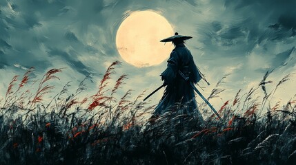 Fototapeta premium Solitary samurai under full moon in windy field