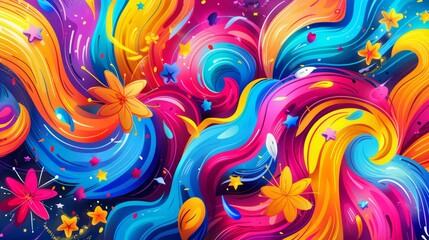 Colorful abstract swirls, flowers, and stars celebration background