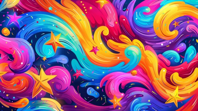 Colorful abstract swirls, stars, and confetti background