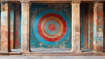 Obraz premium An ancient wall mural featuring a geometric Buddhist symbol in vibrant red, blue, and yellow, with a weathered and textured background