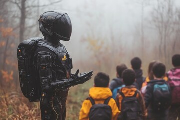 Robot guides children through foggy forest during an educational adventure in nature