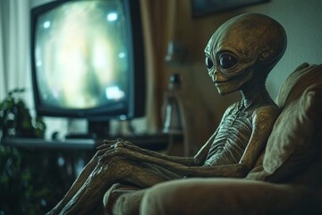 Intriguing alien character sitting comfortably in a living room with an old television displaying static noise