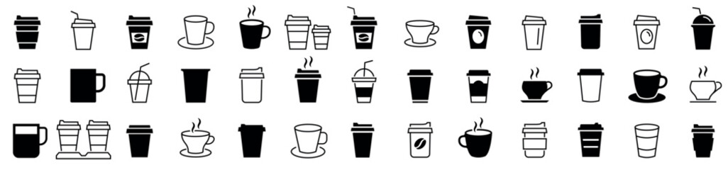Coffee cup big icon set. Coffee, tea, drinks, cocoa, cup, cafe and more. Tea cup illustration sign. Linear coffee cup icons. Various cups of coffee. Vector illustration