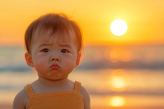 Child with a puzzled expression at sunset on the beach near the ocean in summer