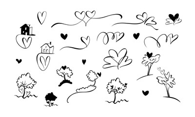 Set of hand drawn doodle hearts, trees and houses