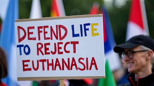 A Peaceful Protest Against Euthanasia: Advocates Rally for the Right to Life in a Colorful Demonstration Filled with Passionate Voices and Vibrant Flags