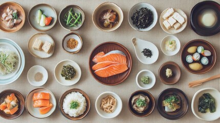 Exquisite Japanese Cuisine Arrangement with Fresh Salmon and Side Dishes on Neutral Background