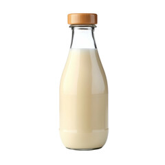Fresh milk in a glass bottle with wooden cap on a simple background
